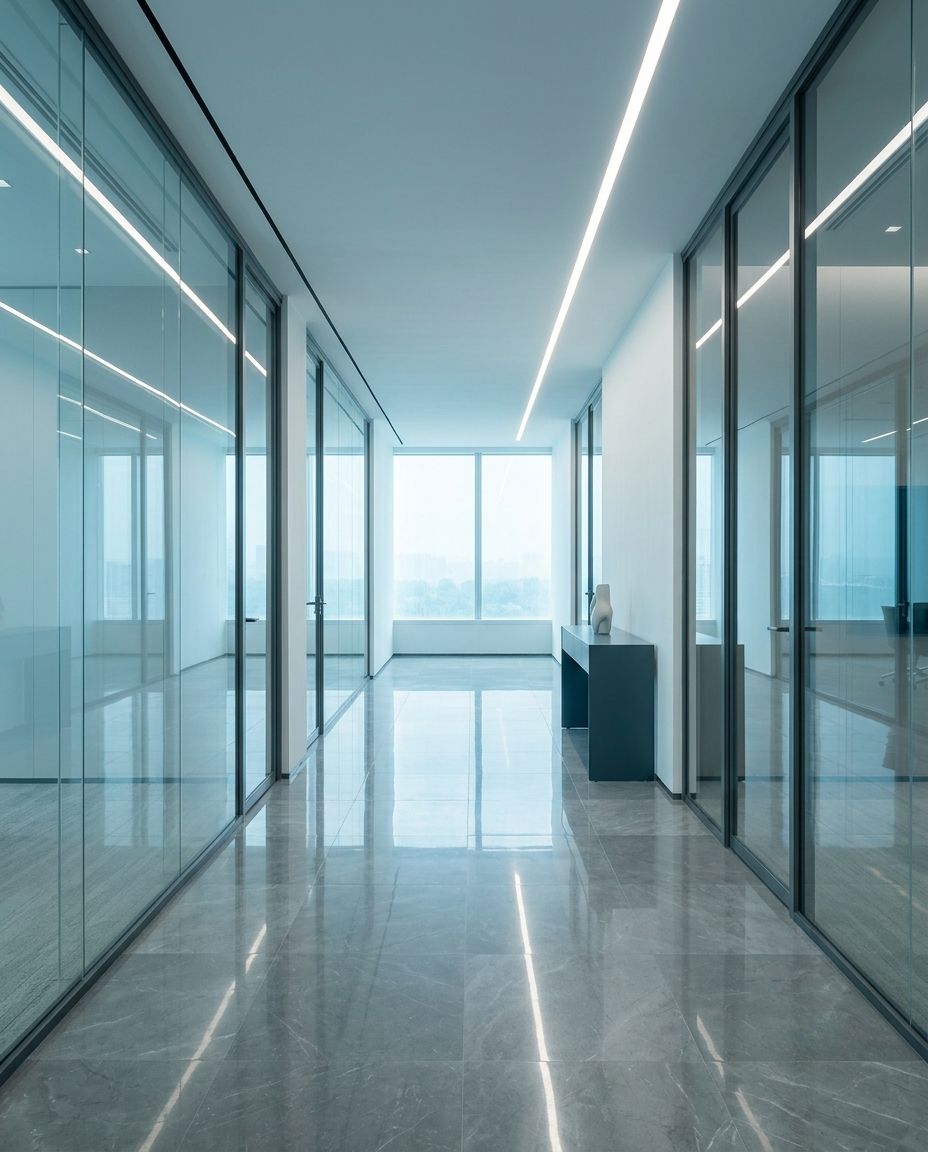 Heller Premium-Büroflur mit streifenfreien Glasflächen
