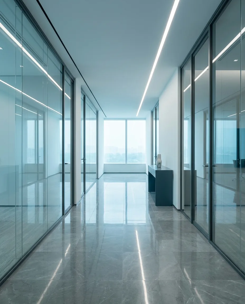 Heller Premium-Büroflur mit streifenfreien Glasflächen